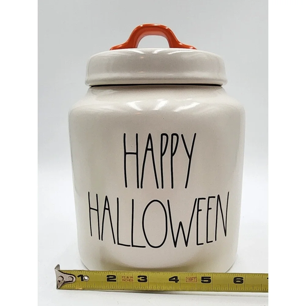 Rae‎ Dunn Happy Halloween Canister Jar with Orange Handle Lid Ceramic NOS